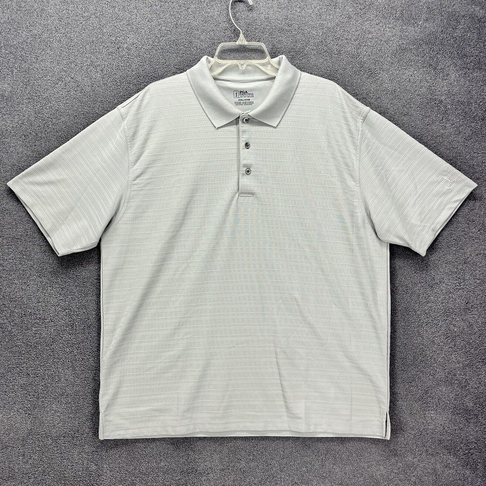 Pga‎ Tour Polo Shirt Mens Size XXL Light Gray Stripe Golf Henley Short Sleeve